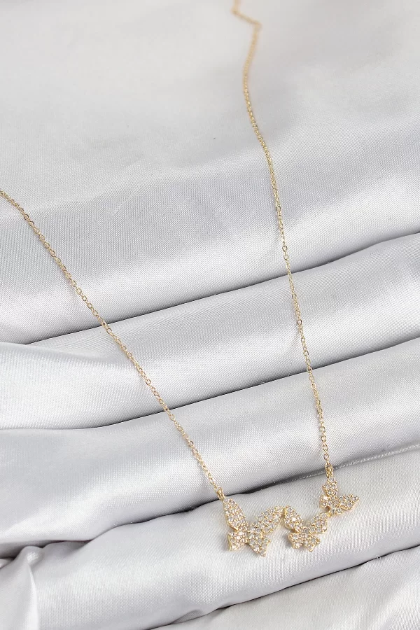 Pirinç Zirkon Taşlı Kelebek Model Gold Renk Kadın Kolye