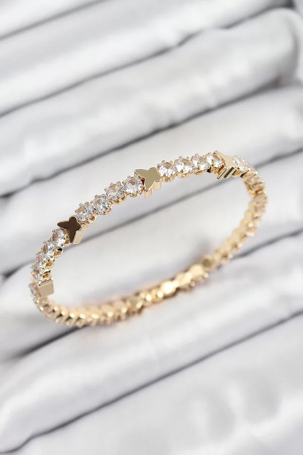 Pirinç Zirkon Taşlı Kelebek Model Gold Renk Yaylı Kadın Bileklik