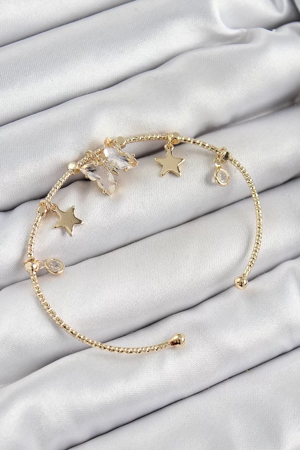 Pirinç Zirkon Taşlı Kelebek Ve Yıldız Model Gold Renk Charm Bileklik