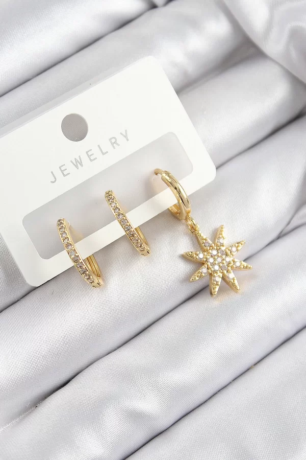 Pirinç Zirkon Taşlı Kutup Yıldızı Model Gold Renk 3lü Set Kadın Küpe