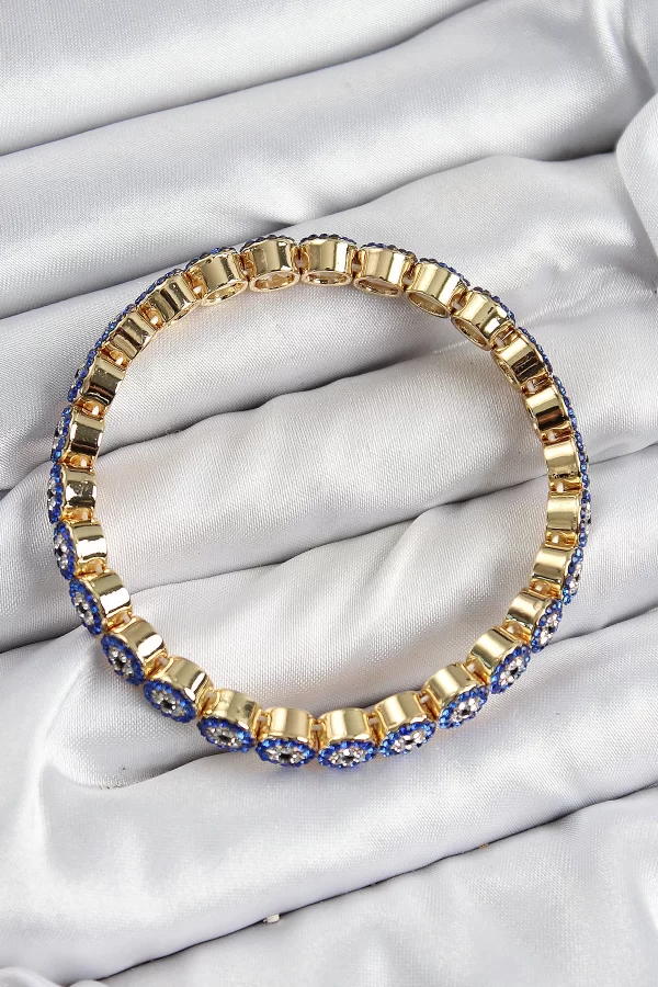 Pirinç Zirkon Taşlı Lacivert Nazar Model Gold Renk Lastikli Kadın Bileklik