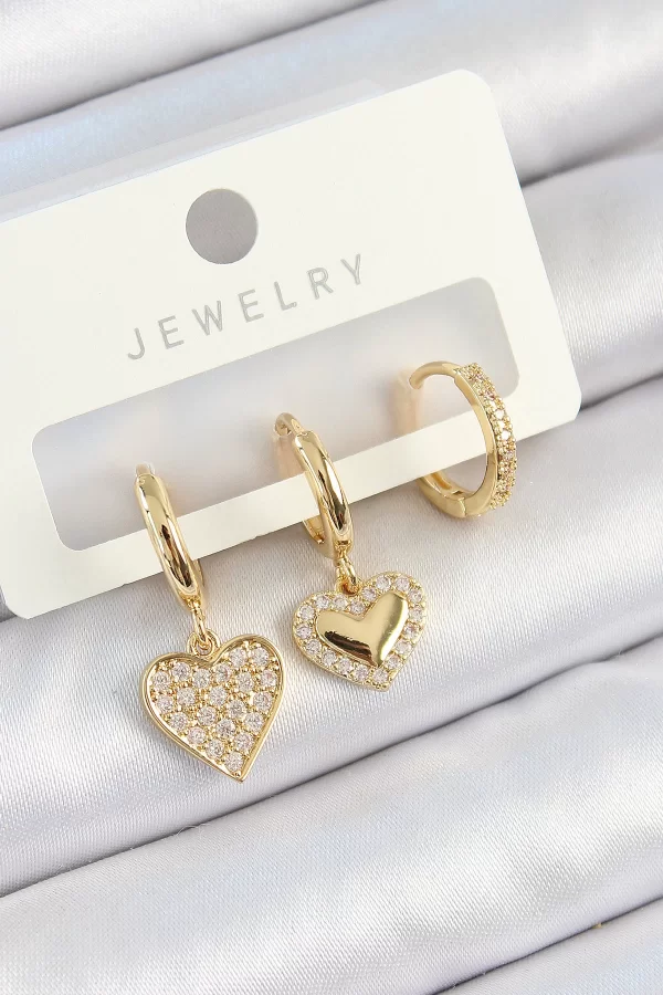 Pirinç Zirkon Taşlı Sallantılı Kalp Model Gold Renk 3lü Çift Kadın Küpe Set