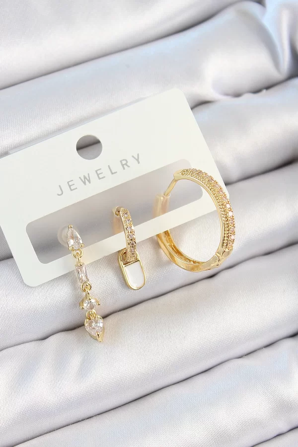 Pirinç Zirkon Taşlı Sallantılı Model Gold Renk 3lü Çift Kadın Küpe Set