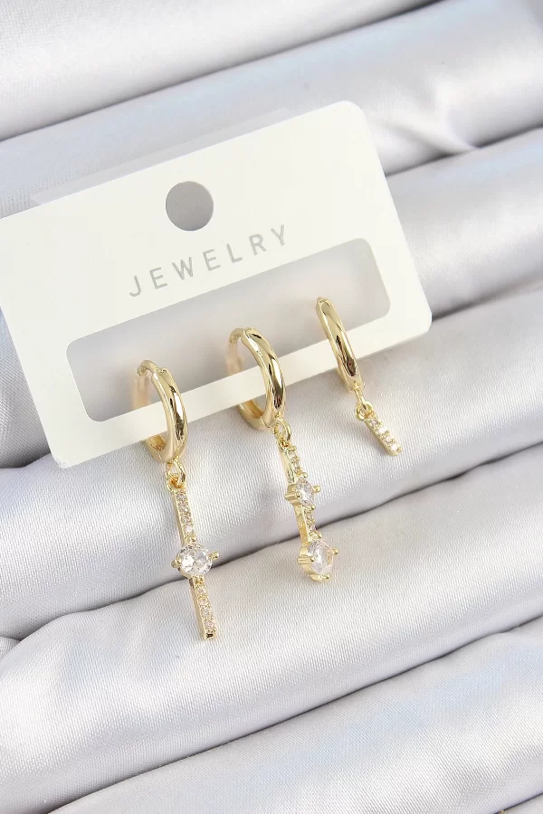 Pirinç Zirkon Taşlı Sallantılı Model Gold Renk 3lü Çift Kadın Küpe Set