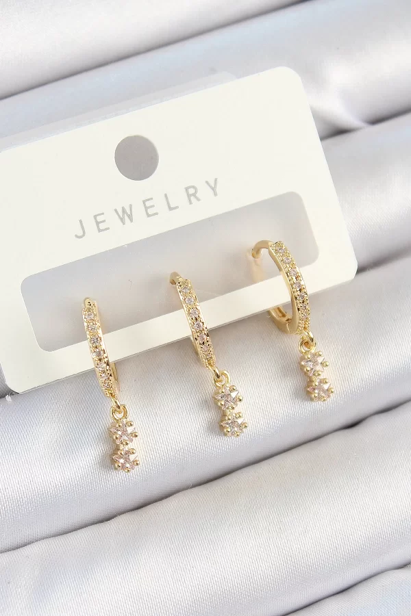 Pirinç Zirkon Taşlı Sallantılı Yıldız Model Gold Renk 3lü Çift Kadın Küpe Set