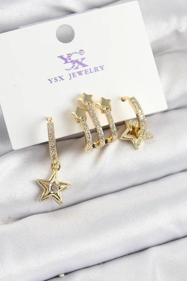 Pirinç Zİrkon Taşlı Sallantılı Yıldız Model Gold Renk 3lü Kadın Küpe