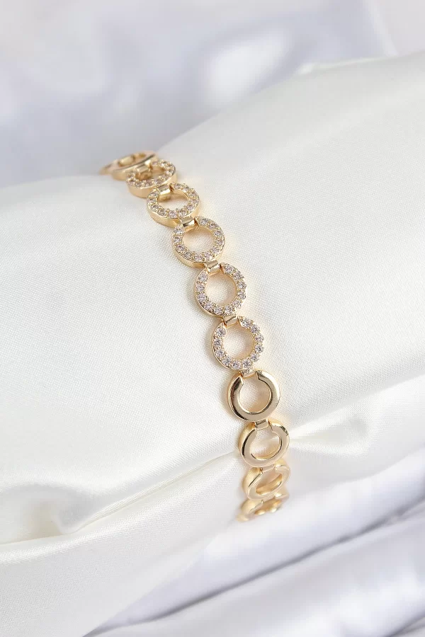 Pirinç Zirkon Taşlı Sıralı Halka Model Gold Renk Kadın Bileklik