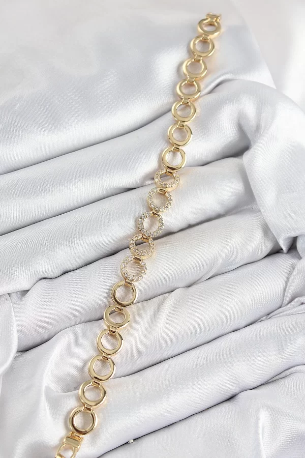 Pirinç Zirkon Taşlı Sıralı Halka Model Gold Renk Kadın Bileklik