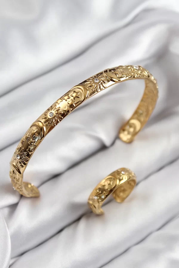 Pirinç Zirkon Taşlı Vintage Model Gold Renk Bileklik Yüzük Set