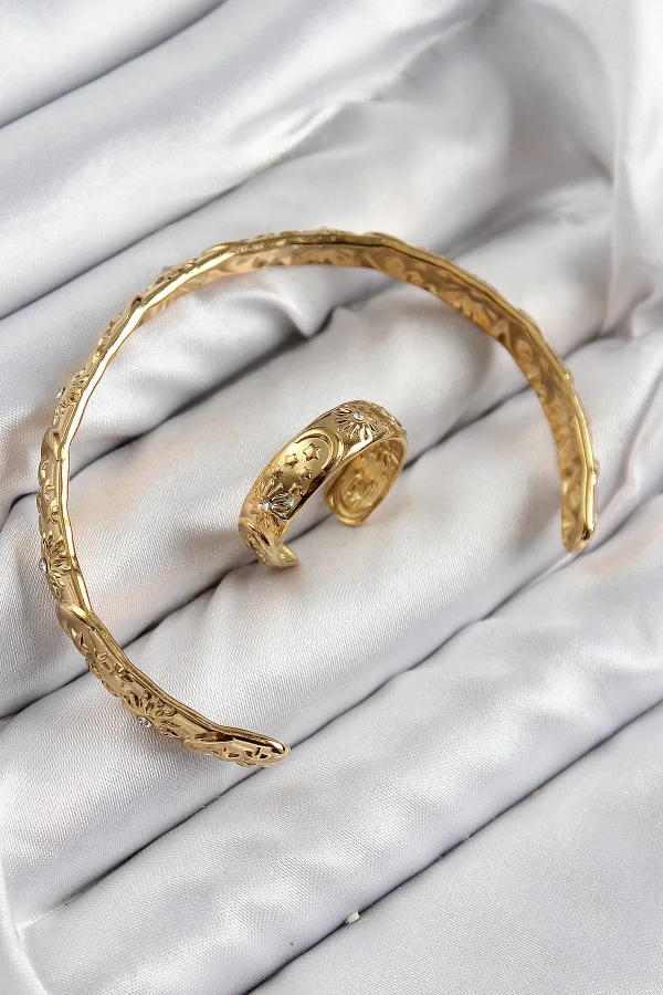 Pirinç Zirkon Taşlı Vintage Model Gold Renk Bileklik Yüzük Set