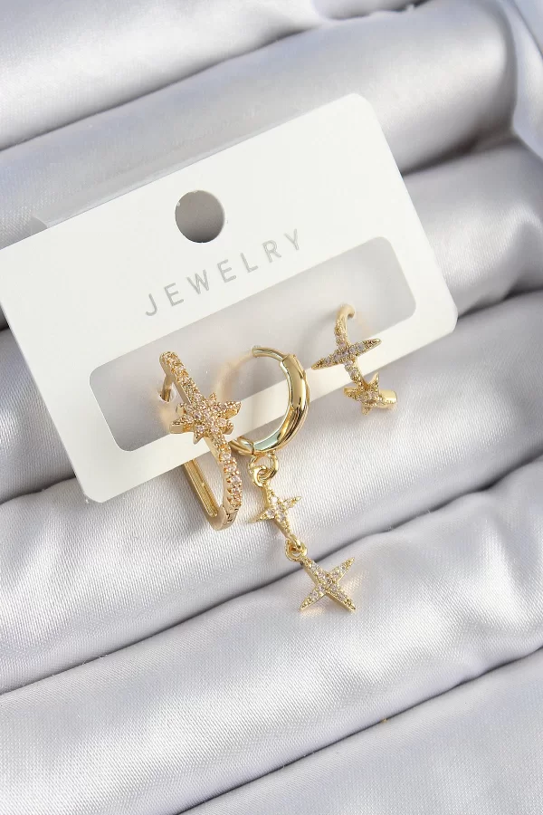 Pirinç Zirkon Taşlı Yıldız Model Gold Renk 3lü Çift Kadın Küpe Set