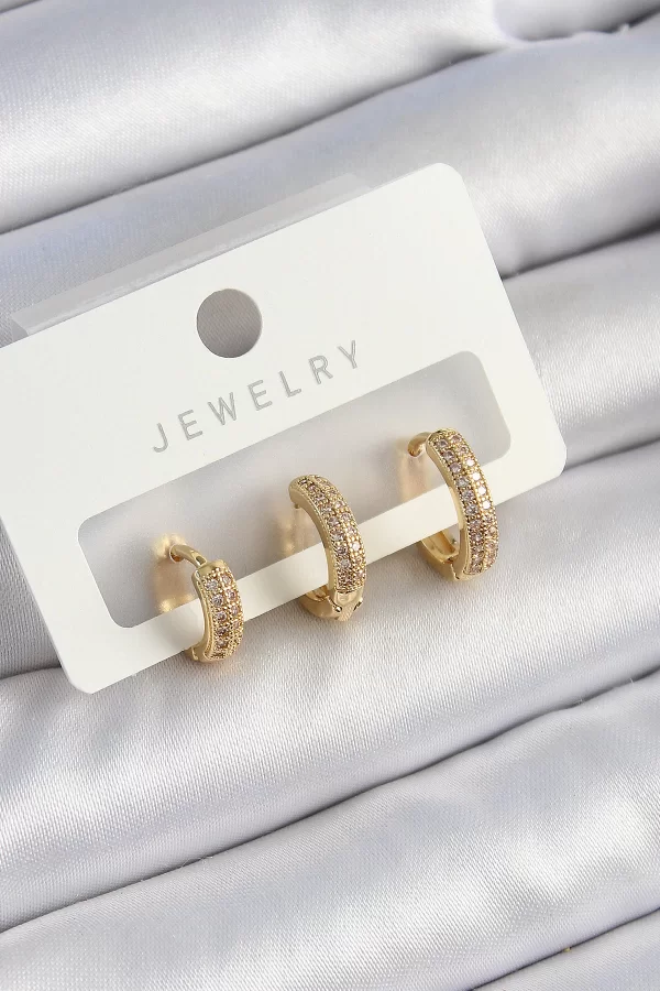 Pirinç Zirkon Taşlı Yıldız Model Gold Renk 3lü Çift Kadın Küpe Set