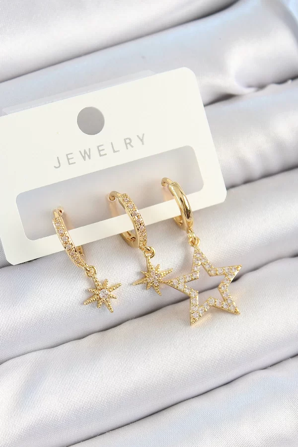 Pirinç Zirkon Taşlı Yıldız Model Gold Renk 3lü Çift Kadın Küpe Set