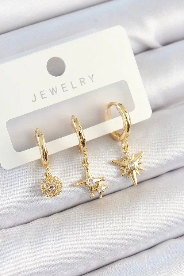 Pirinç Zirkon Taşlı Yıldız Model Gold Renk 3lü Çift Kadın Küpe Set