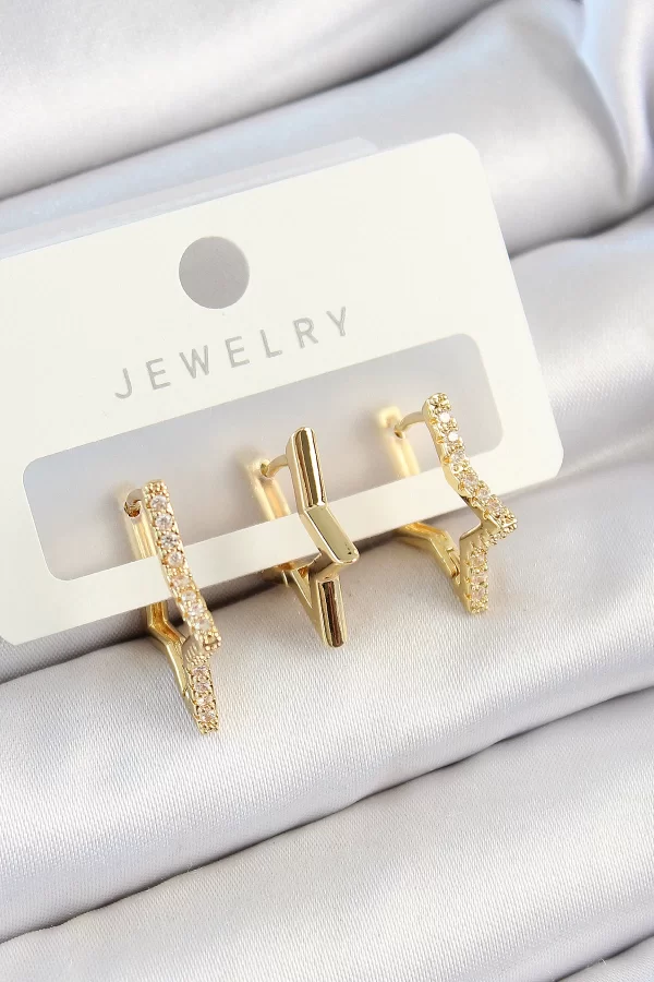 Pirinç Zirkon Taşlı Yıldız Model Gold Renk 3lü Çift Kadın Küpe Set