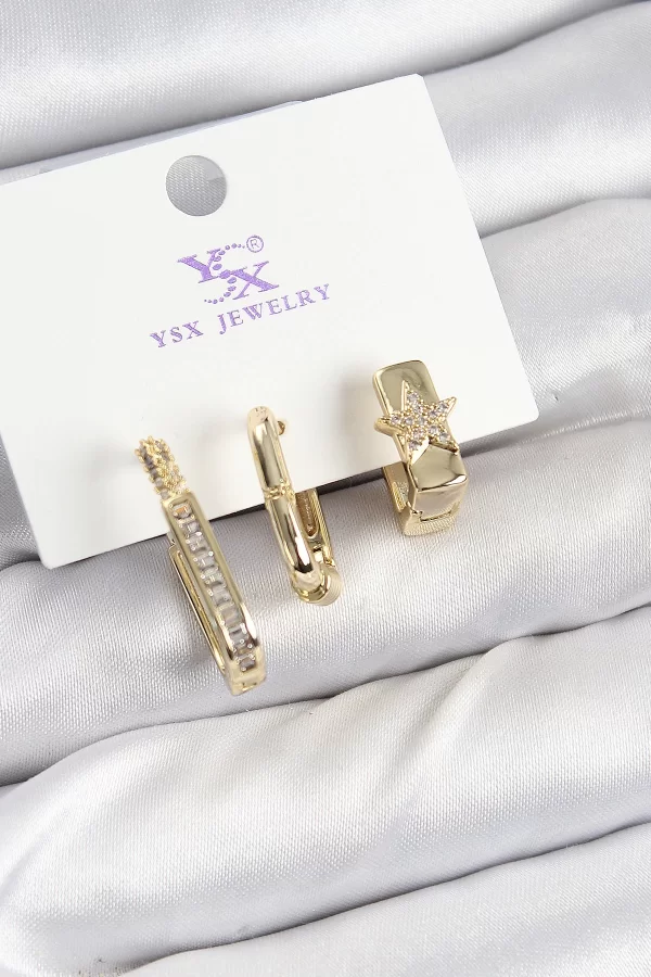 Pirinç Zİrkon Taşlı Yıldız Model Gold Renk 3lü Kadın Küpe