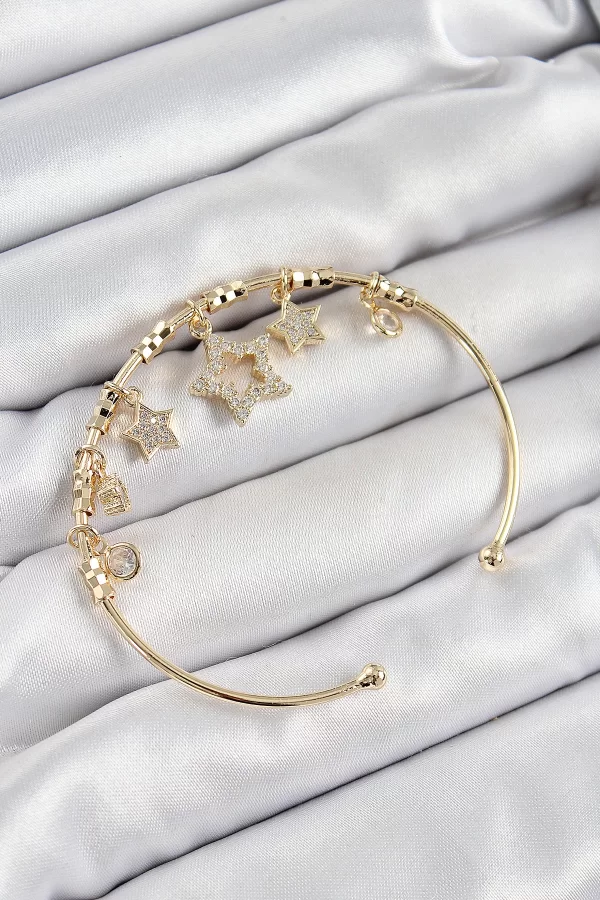 Pirinç Zirkon Taşlı Yıldız Model Gold Renk Charm Bileklik