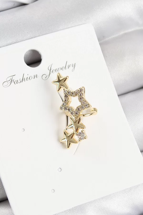 Pirinç Zirkon Taşlı Yıldız Model Gold Renk Sağ Kıkırdak Küpe