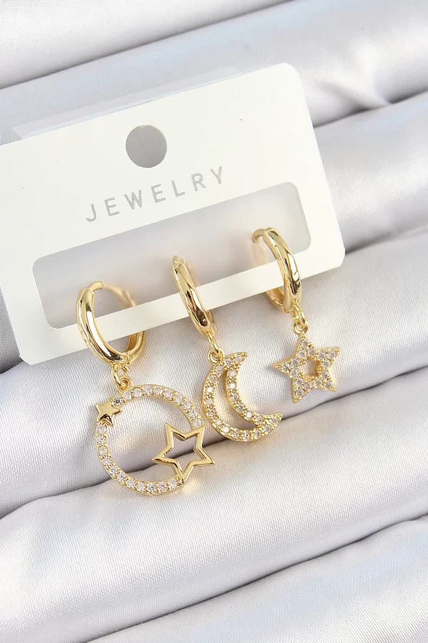 Pirinç Zirkon Taşlı Yıldız Ve Ay Model Gold Renk 3lü Çift Kadın Küpe Set