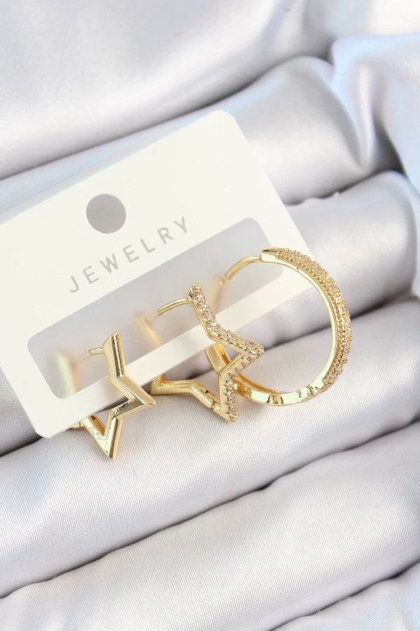 Pirinç Zirkon Taşlı Yıldız Ve Halka Model Gold Renk 3lü Çift Kadın Küpe Set