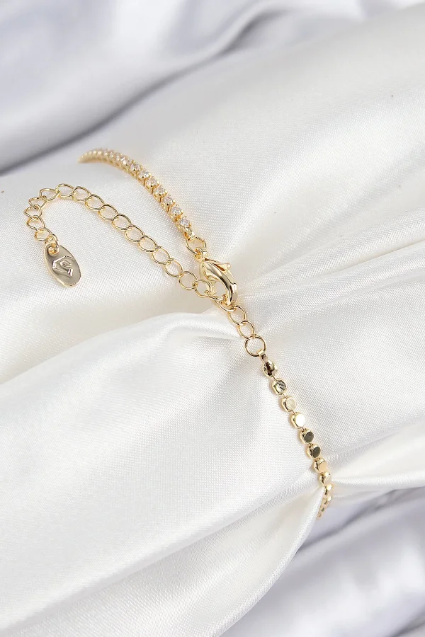 Pirinç Zirkon Taşlı Yonca Model Ezme Zincir Gold Renk Kadın Bileklik