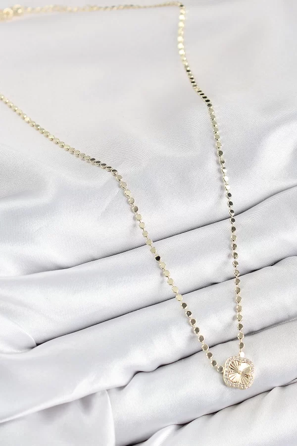 Pirinç Zirkon Taşlı Yonca Model Ezme Zincir Gold Renk Kadın Kolye