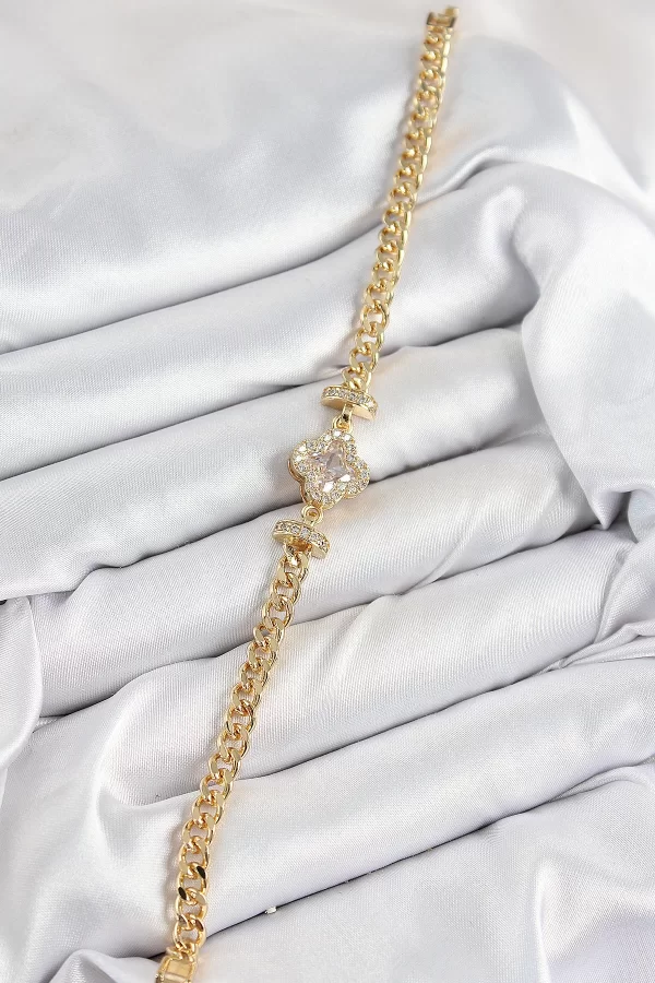 Pirinç Zirkon Taşlı Yonca Model Gold Renk Kadın Bileklik