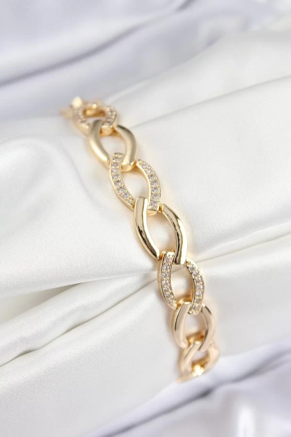 Pirinç Zirkon Taşlı Zincir Model Gold Renk Kadın Bileklik