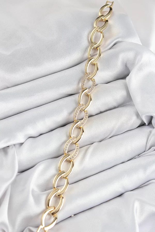 Pirinç Zirkon Taşlı Zincir Model Gold Renk Kadın Bileklik