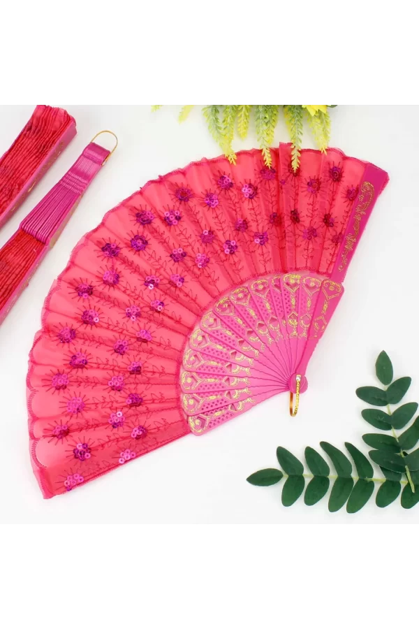 Plastik Pullu Kumaş Yelpaze 12li Fuşya