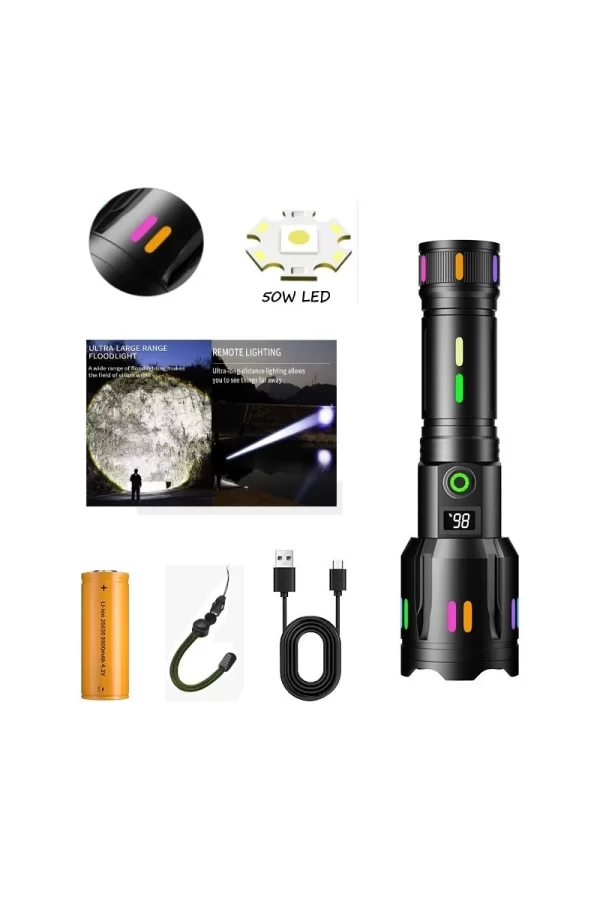 Ps-9885 Profesyonel Zoomlu 50w Şarjlı Powerbank Avcı Polis El Feneri