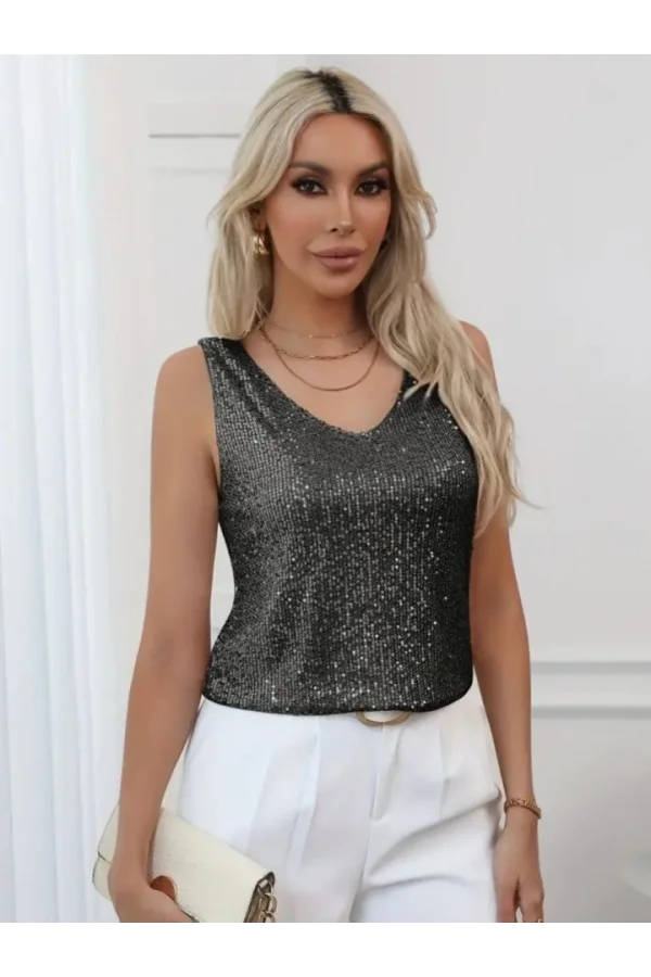 Pul Payetli Sıfır Kol Bluz -Siyah