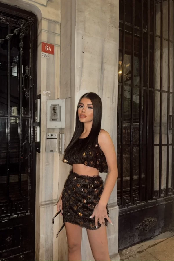 PÜSKÜL PAYET CROP BLUZ-KISA ETEK TAKIM - Gold