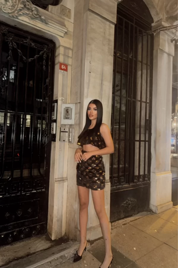 PÜSKÜL PAYET CROP BLUZ-KISA ETEK TAKIM - Gold