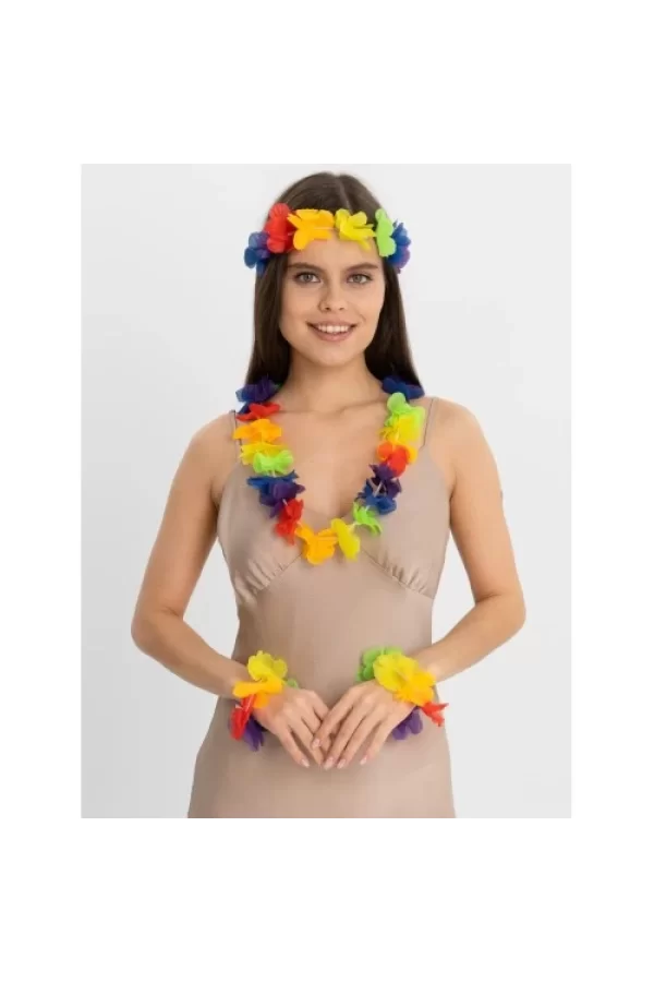 Rengarenk Hawaii Kolye Taç Bileklik Seti 4 Parça