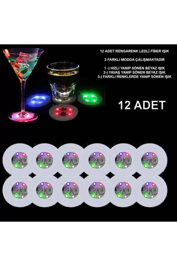 Renkli Led Işıklı Bardak Altlığı - Dekoratif (12 Adet, Pilli)