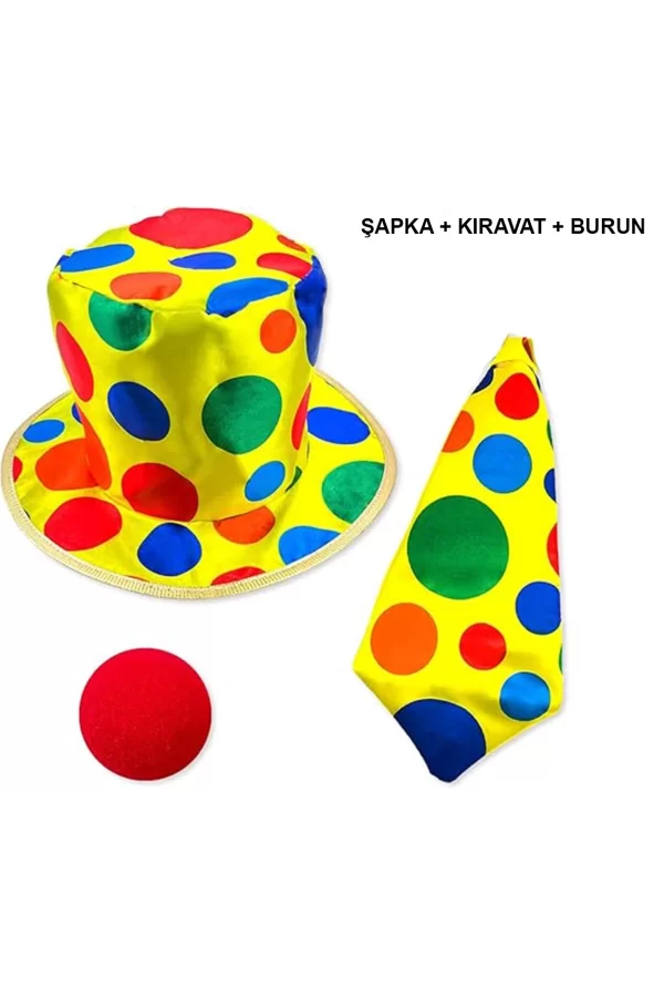 Renkli Palyaço Kostüm Seti – 3 Parça Aksesuar (şapka, Kravat, Burun)