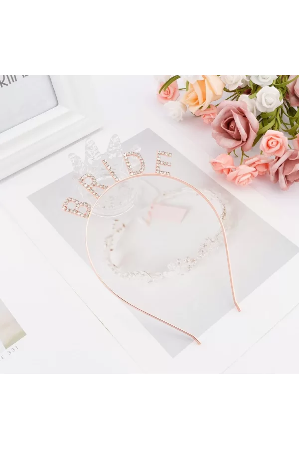 Rose Gold Renk Bekarlığa Veda Kristal Taş Bride Tacı İthal 16x10 Cm