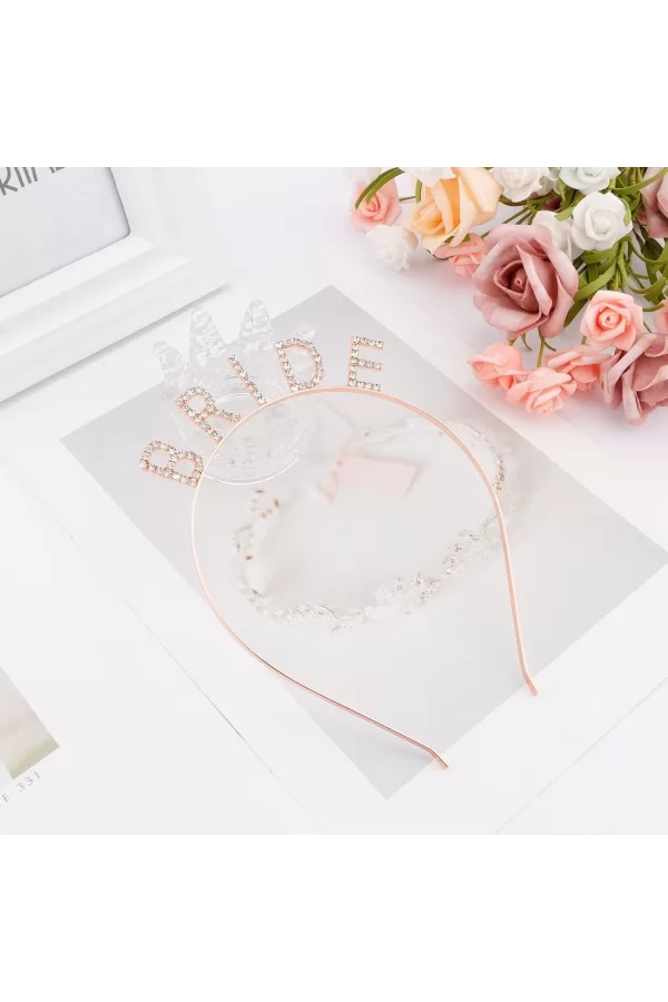 Rose Gold Renk Bekarlığa Veda Kristal Taş Bride Tacı İthal 16x10 Cm