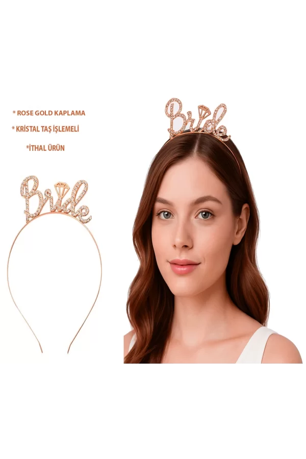 Rose Gold Renkli Taşlı “bride” Gelin Tacı – El Yazısı Yazı Tipiyle