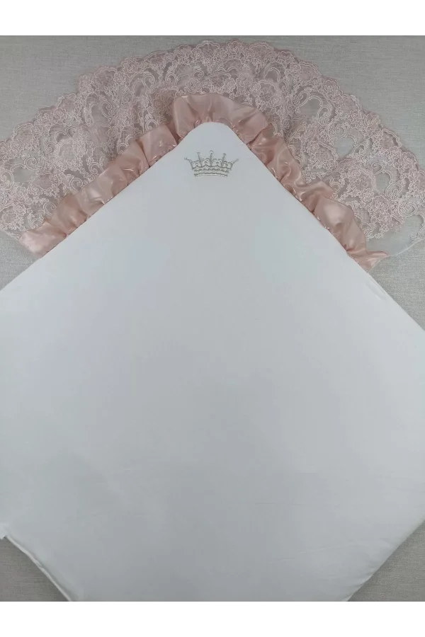 Luz&Pos Sahra Taç Nakışlı İnci Ve Dantel Fiyonklu Çift Dantel Duvaklı Trilüks Kundak Bebek Battaniyesi Gül Kurusu