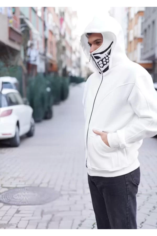 Luz&Pos Samuray Kapşonlu Zıp Fermuarlı Çift Kapşonlu Nakışlı Sweatshirt- Beyaz