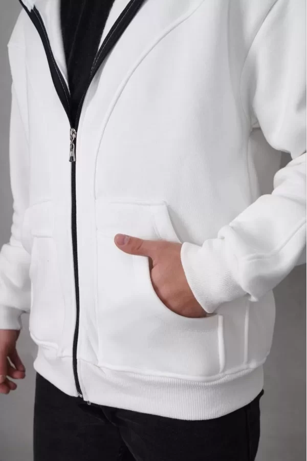 Luz&Pos Samuray Kapşonlu Zıp Fermuarlı Çift Kapşonlu Nakışlı Sweatshirt- Beyaz