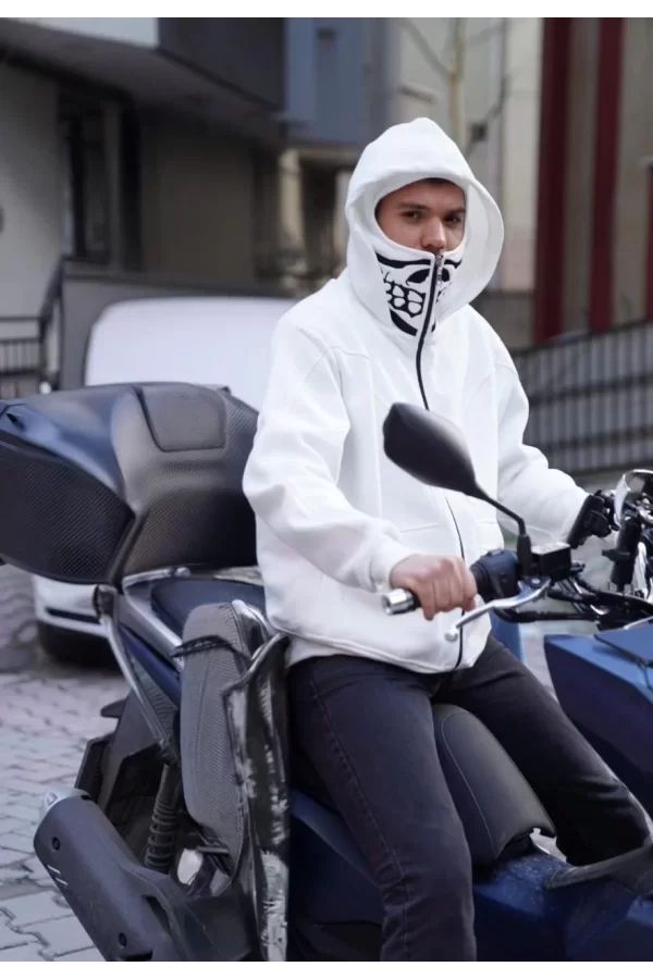 Luz&Pos Samuray Kapşonlu Zıp Fermuarlı Çift Kapşonlu Nakışlı Sweatshirt- Beyaz