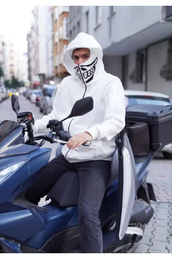 Luz&Pos Samuray Kapşonlu Zıp Fermuarlı Çift Kapşonlu Nakışlı Sweatshirt- Beyaz