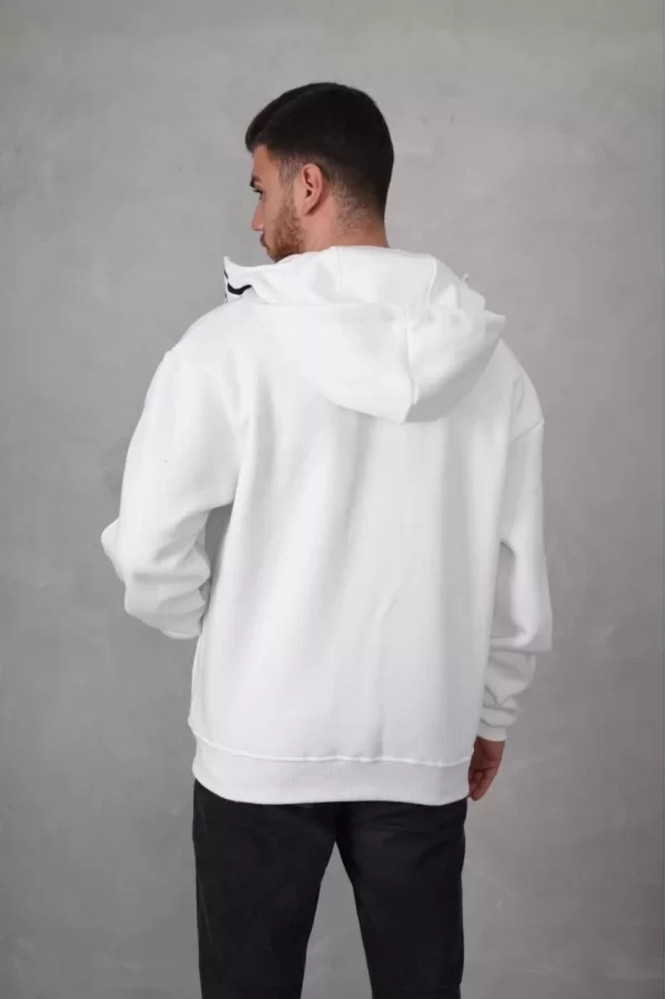 Luz&Pos Samuray Kapşonlu Zıp Fermuarlı Çift Kapşonlu Nakışlı Sweatshirt- Beyaz