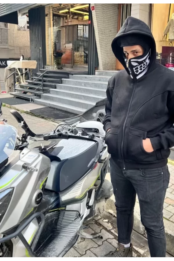 Luz&Pos Samuray Kapşonlu Zıp Fermuarlı Çift Kapşonlu Nakışlı Sweatshirt- Siyah
