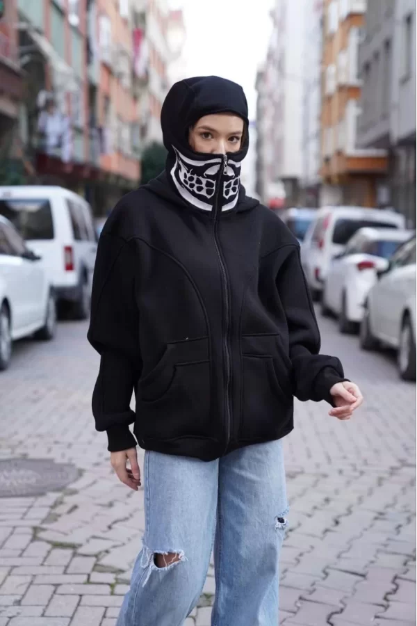 Luz&Pos Samuray Kapşonlu Zıp Fermuarlı Çift Kapşonlu Nakışlı Sweatshirt- Siyah