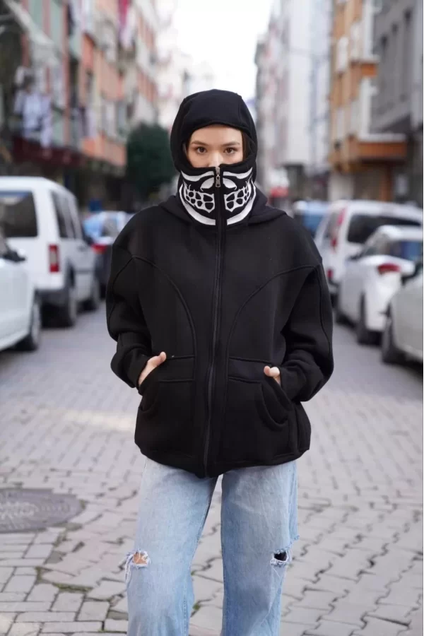 Luz&Pos Samuray Kapşonlu Zıp Fermuarlı Çift Kapşonlu Nakışlı Sweatshirt- Siyah