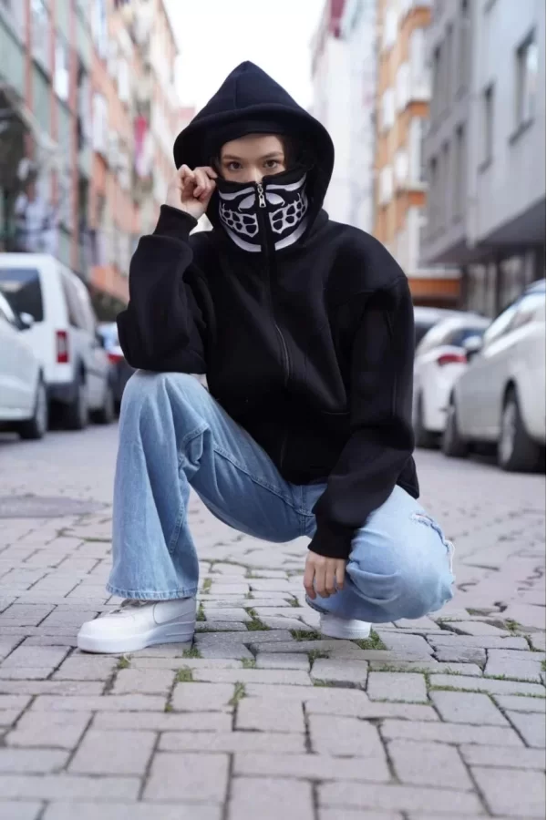 Luz&Pos Samuray Kapşonlu Zıp Fermuarlı Çift Kapşonlu Nakışlı Sweatshirt- Siyah